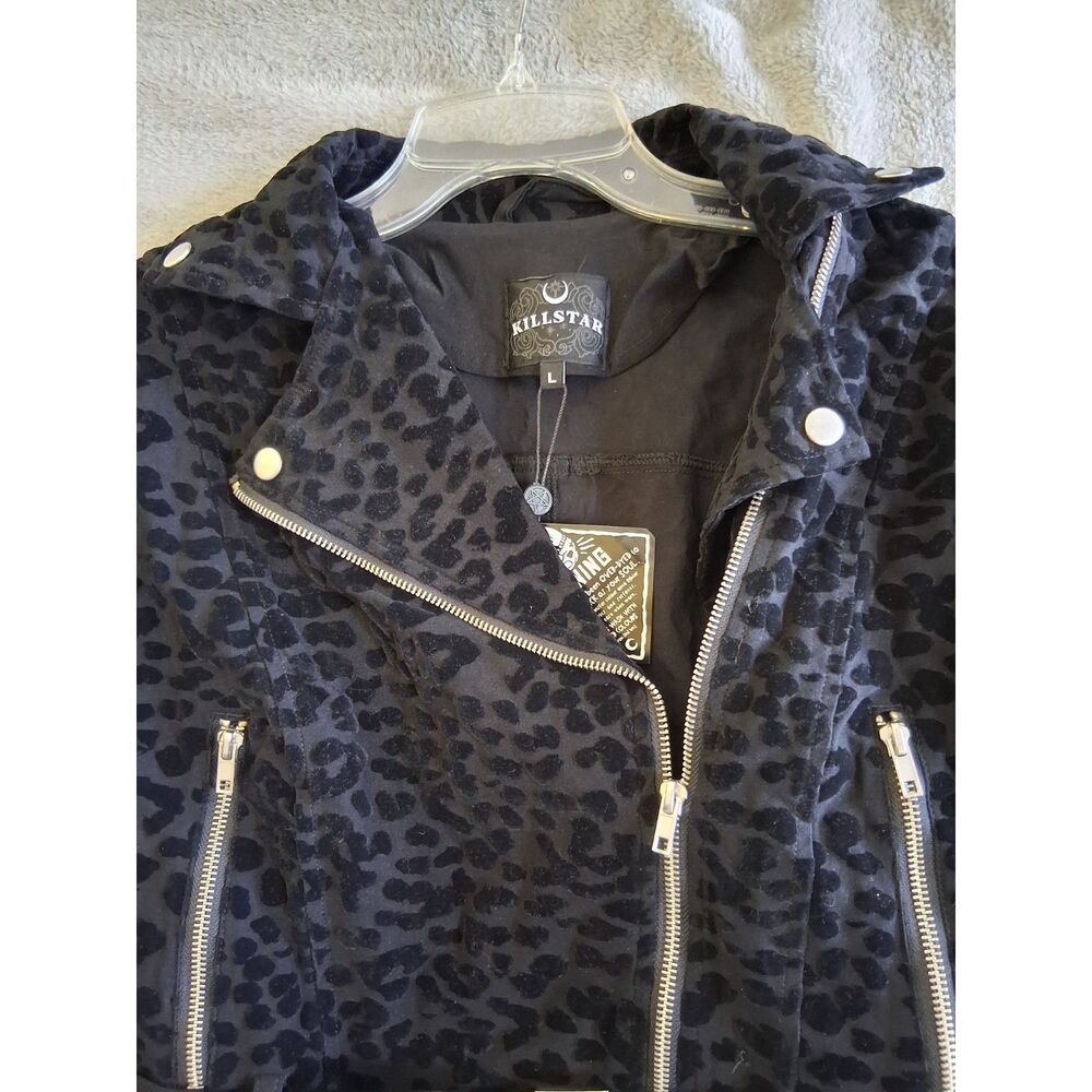 Killstar Sz Lg Claw Black Biker Cropped Jacket Flocked Leopard Print Goth New - Picture 3 of 12